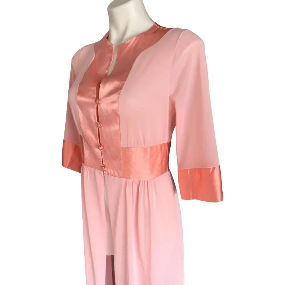 Vintage Gossard Artemis Nylon Peachy Colorblock Robe 1970s Satin Trim Medium